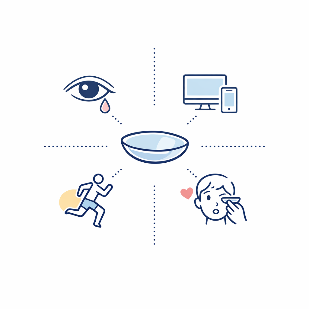 Four simple icons represent dry eyes, screen time, sports, and first-time wear in a calm comparison layout.