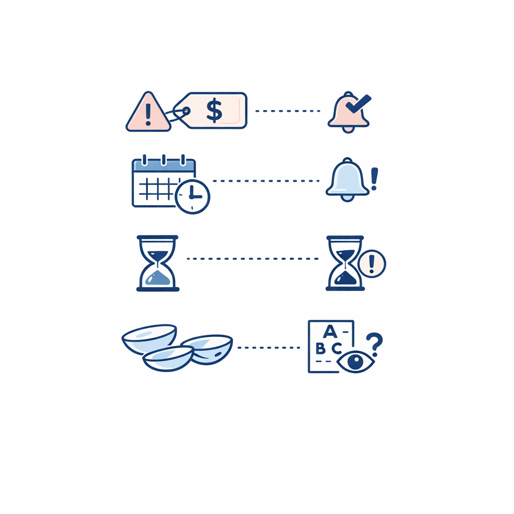 A gentle checklist of avoidable shopping errors is shown with icons for price, timing, and lens type.