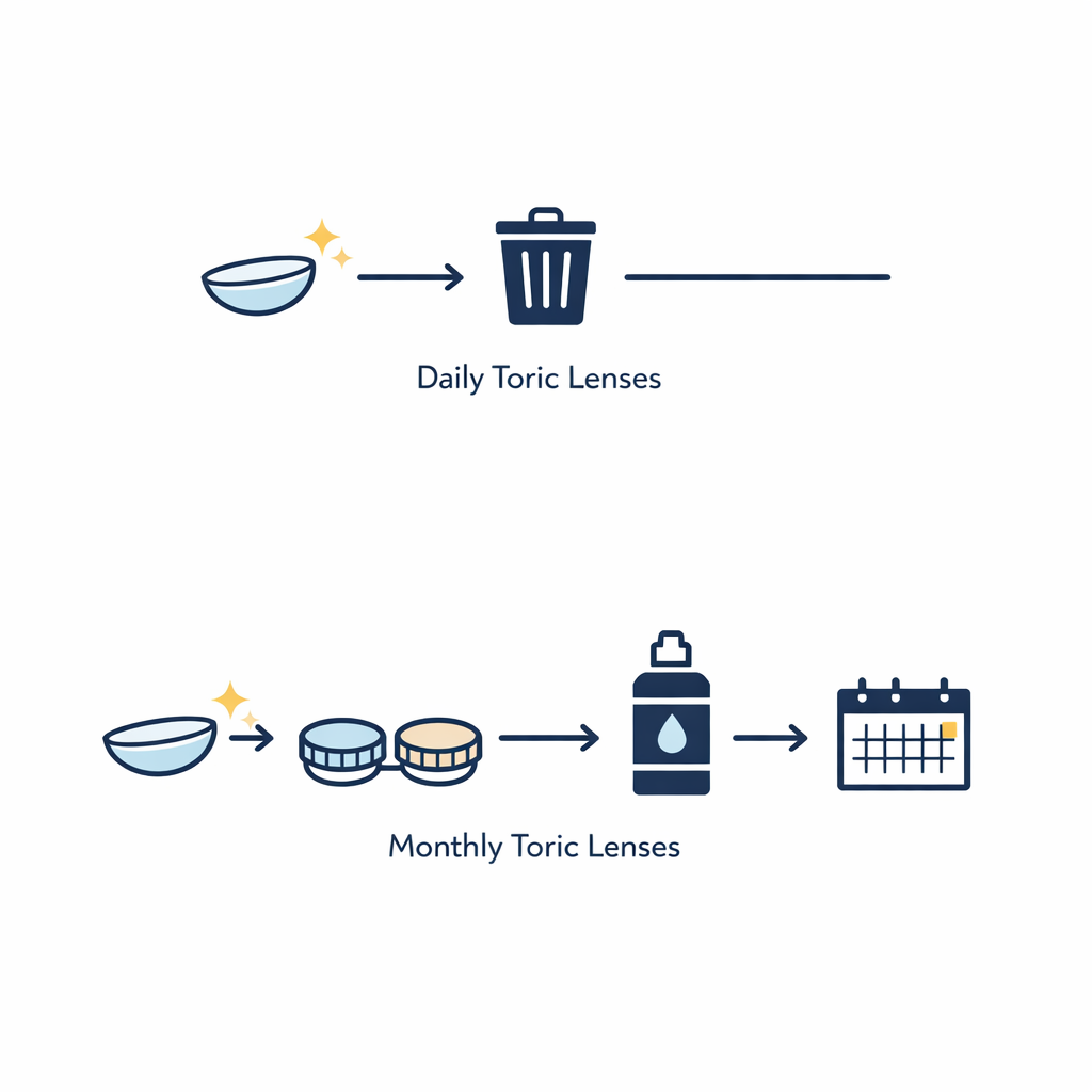 Two simple workflow paths compare the convenience of daily and monthly toric lens habits.