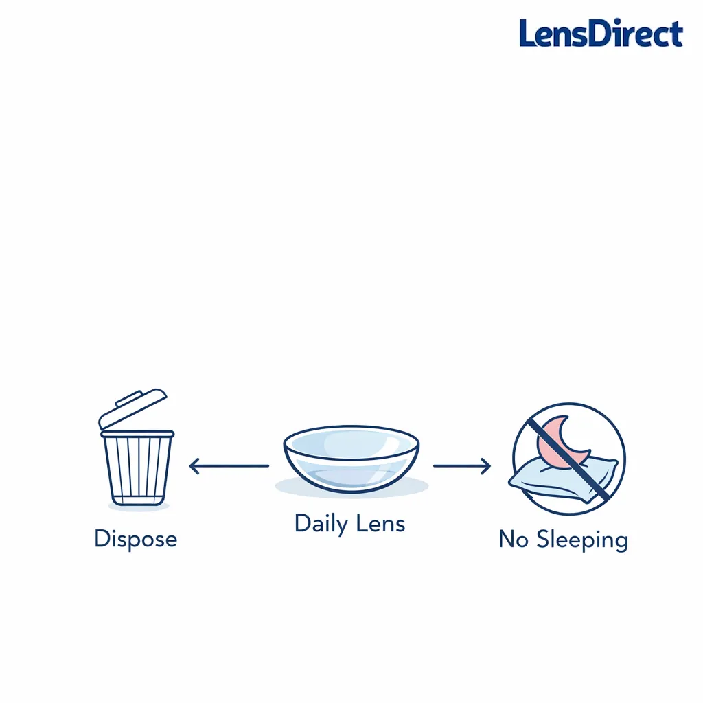 Clear safety diagram showing one-time use only and no sleeping in daily contacts.