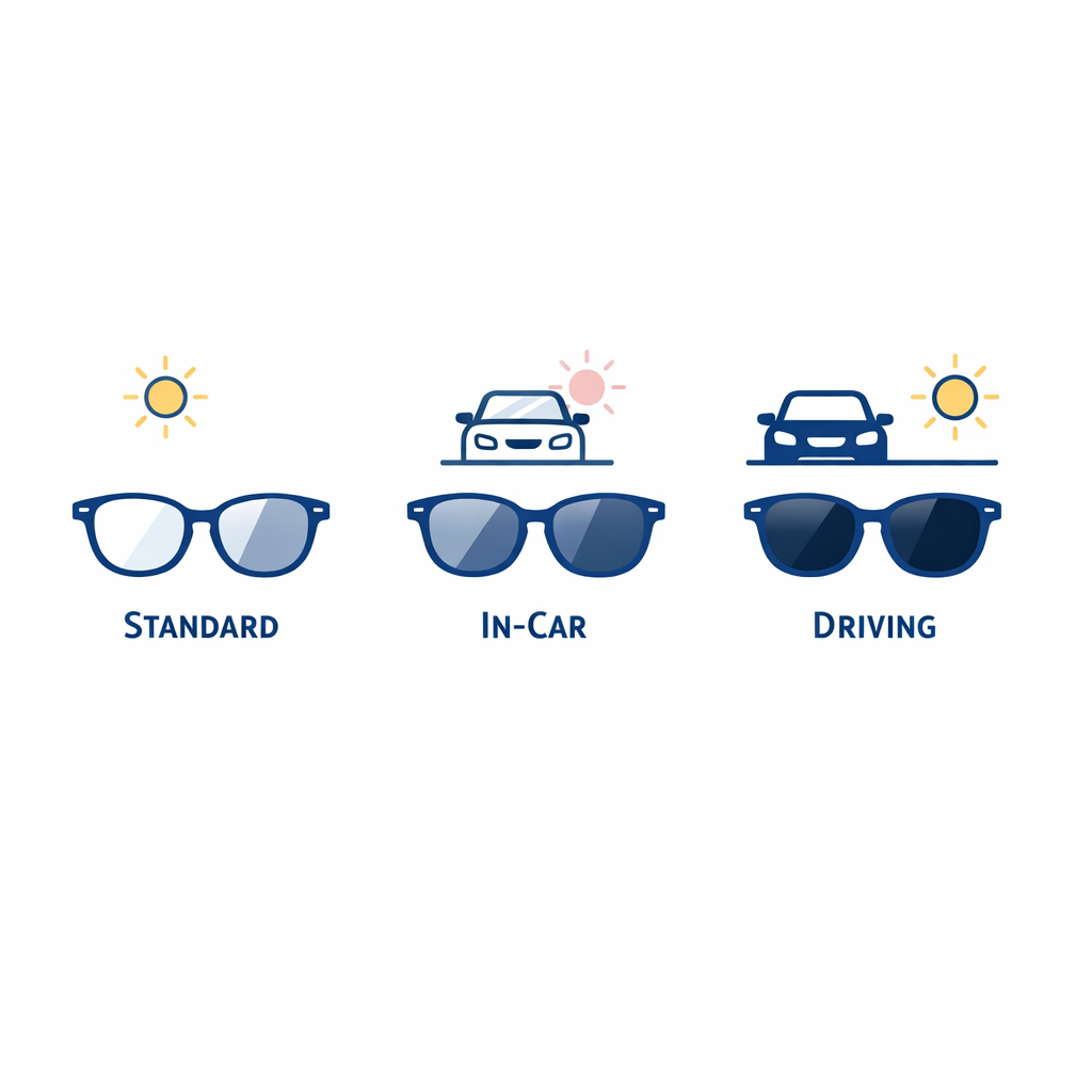 A focused diagram shows standard photochromic lenses versus driving-oriented alternatives.
