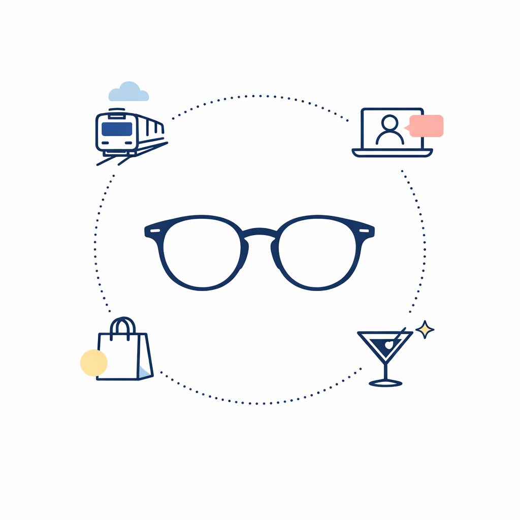 Commuting, work calls, errands, and evening icons surround one balanced all-day frame choice.