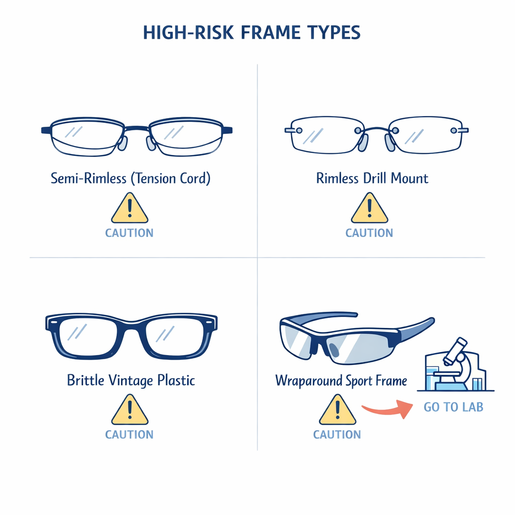 Semi-rimless, rimless, vintage, and wrap frames are shown as poor DIY candidates.