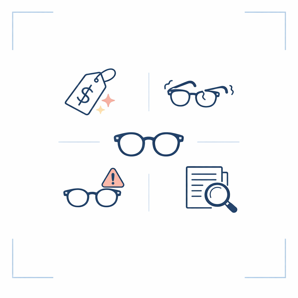 A minimal warning layout shows common ordering mistakes like sending your only pair or skipping policy details.
