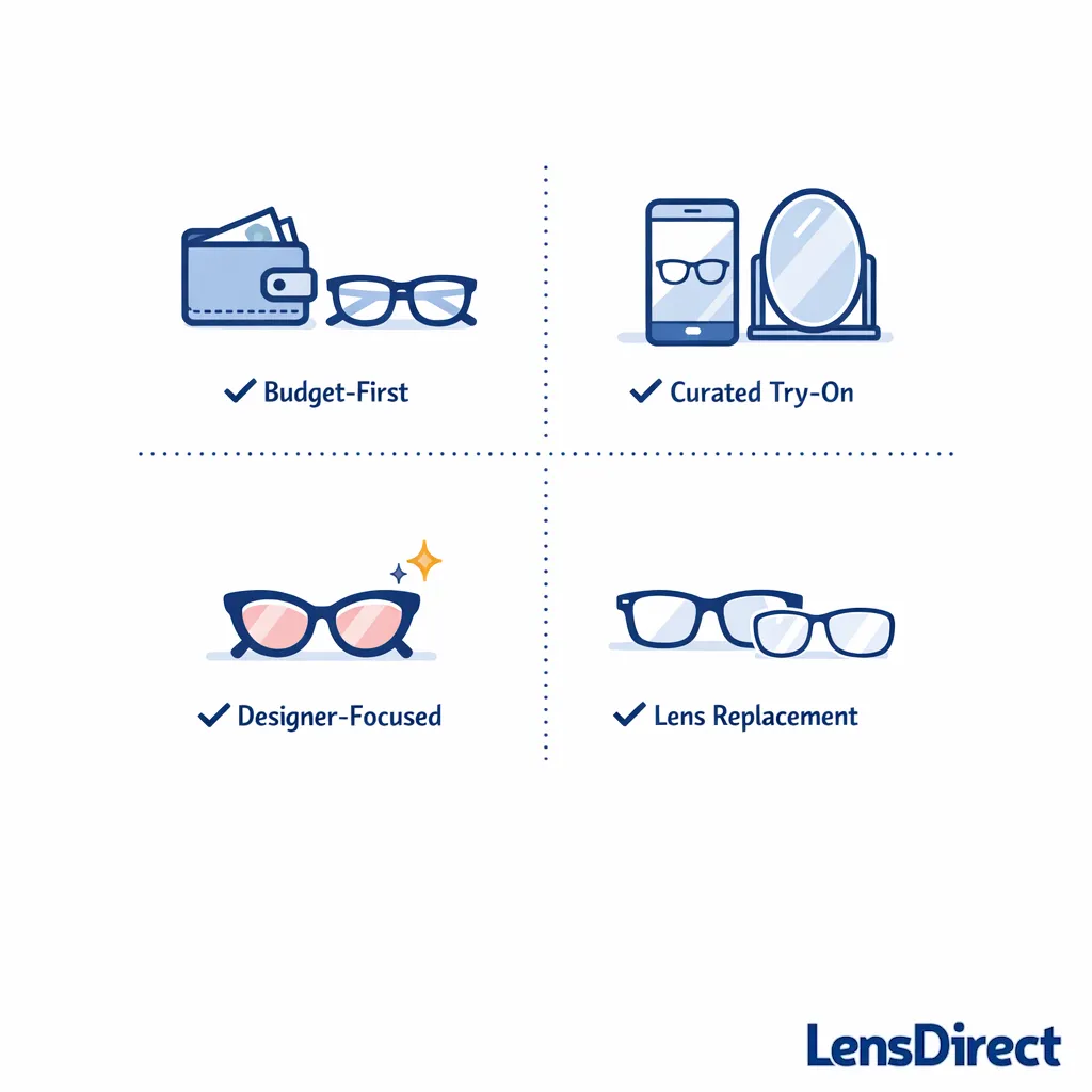 Four simple retailer categories are shown as icons for budget, try-on, designer, and lens replacement.