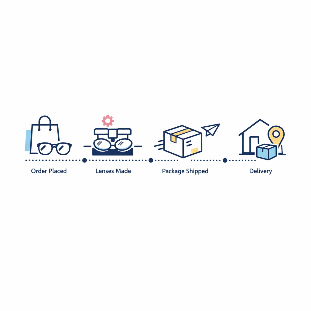 A clean timeline with order, lab, ship, and delivery icons sets realistic expectations for prescription glasses.