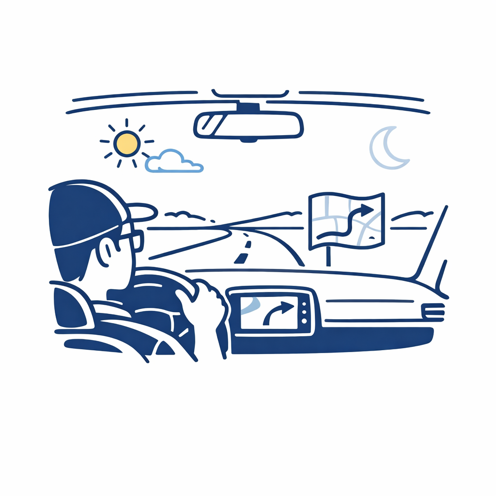 A simple car and road scene encourages testing new bifocals on short daytime drives before harder conditions.