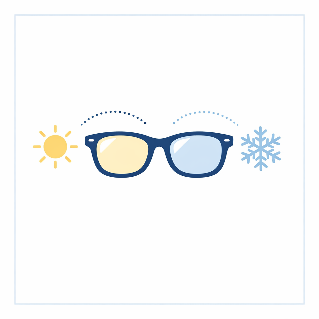 Sun and snowflake icons bracket the same lenses to show temperature affects tint behavior.
