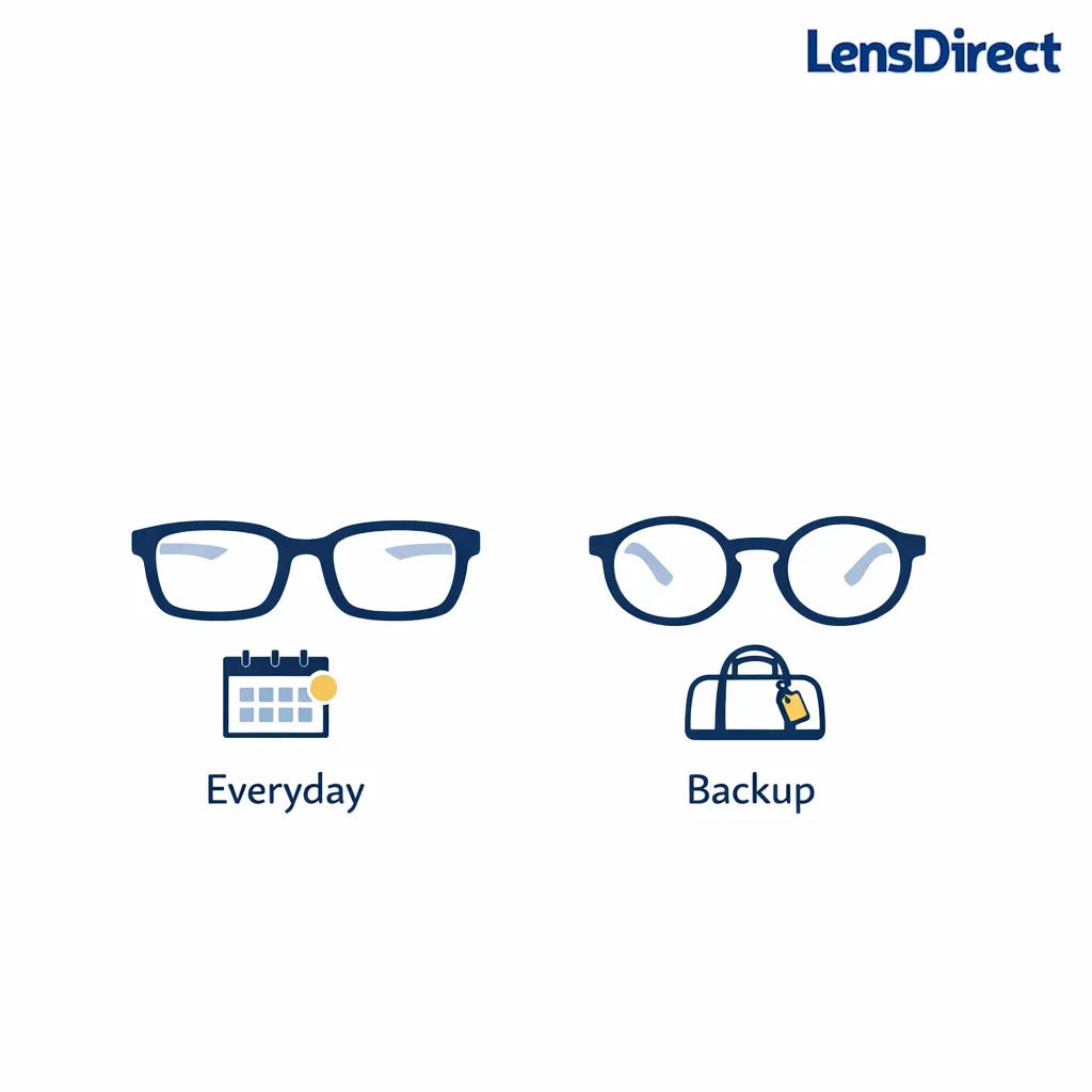 Two pairs of glasses are arranged as everyday and backup options in a calm, budget-smart composition.