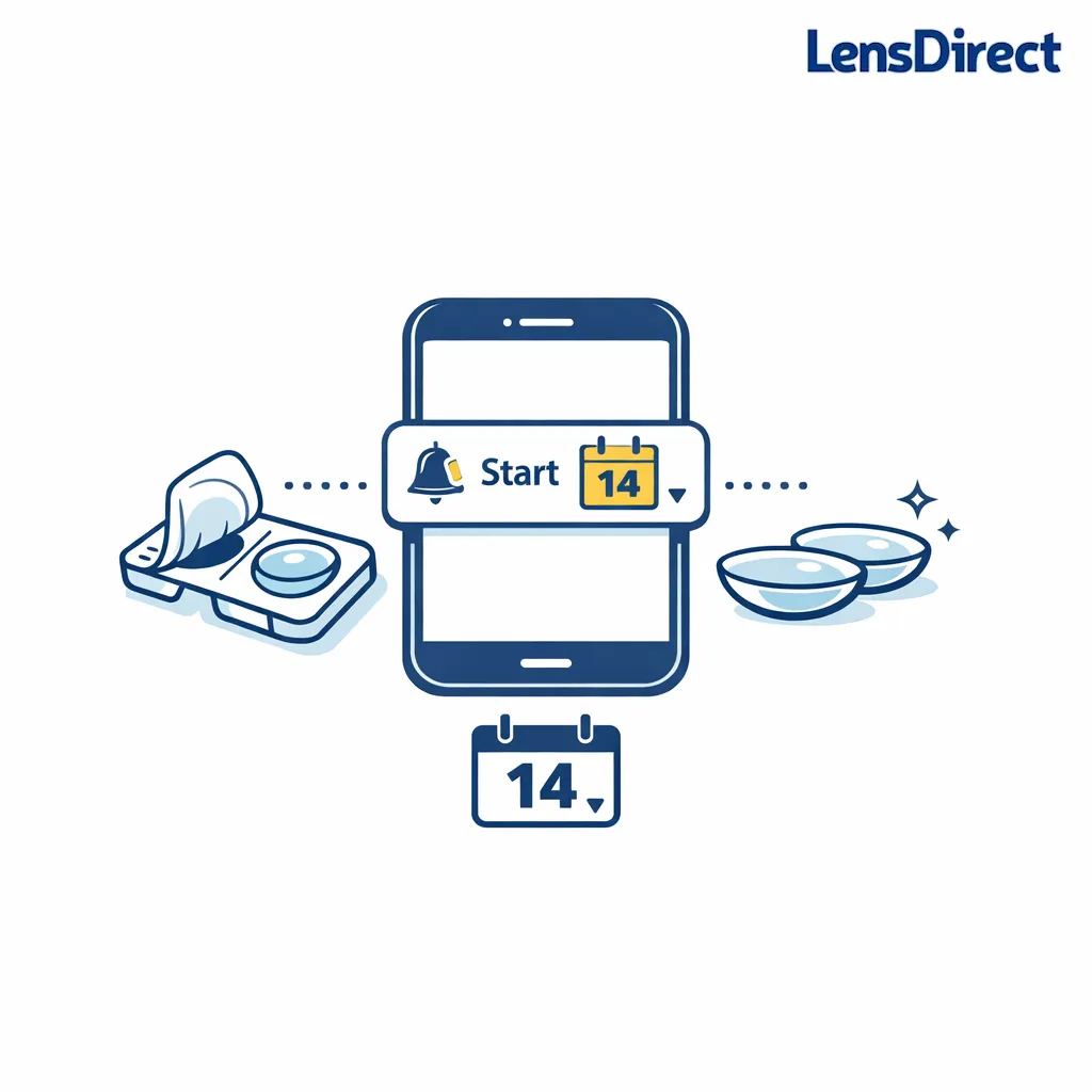 A phone alert and fresh lens pair emphasize setting a reminder the day a new pair is opened.