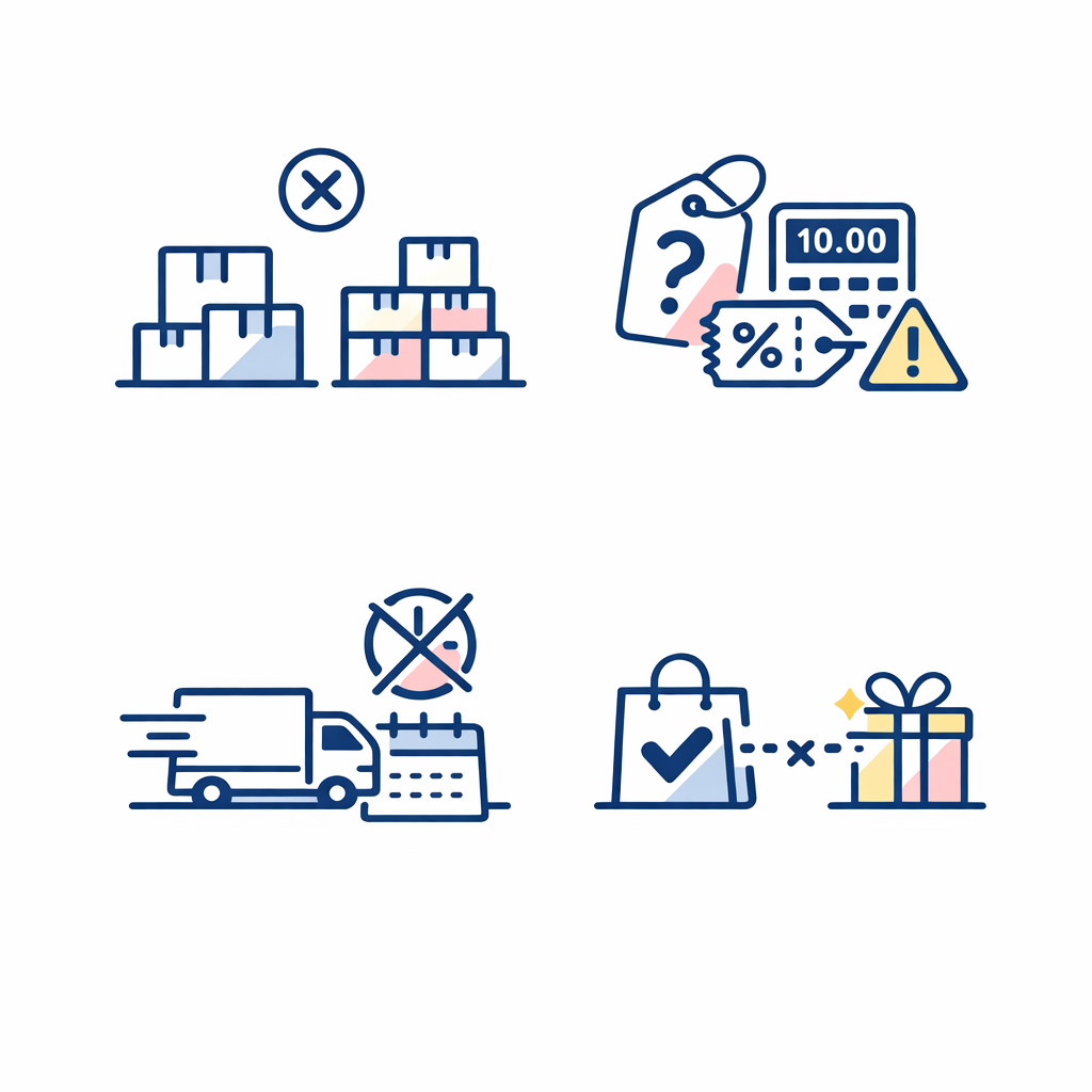 Warning icons highlight mismatched orders, rebate confusion, shipping delays, and missed benefit checks.