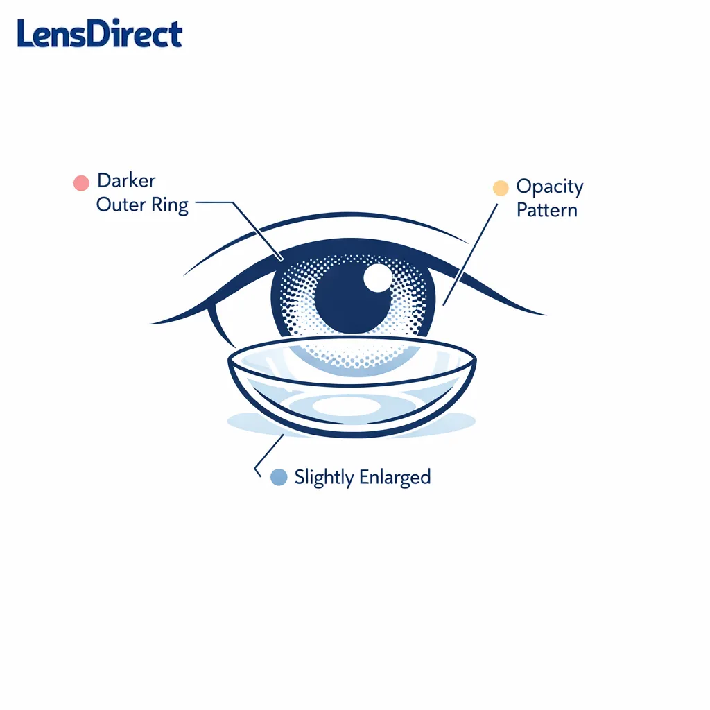 A close-up lens diagram highlights limbal ring, opacity, and enlargement effect in simple line art.