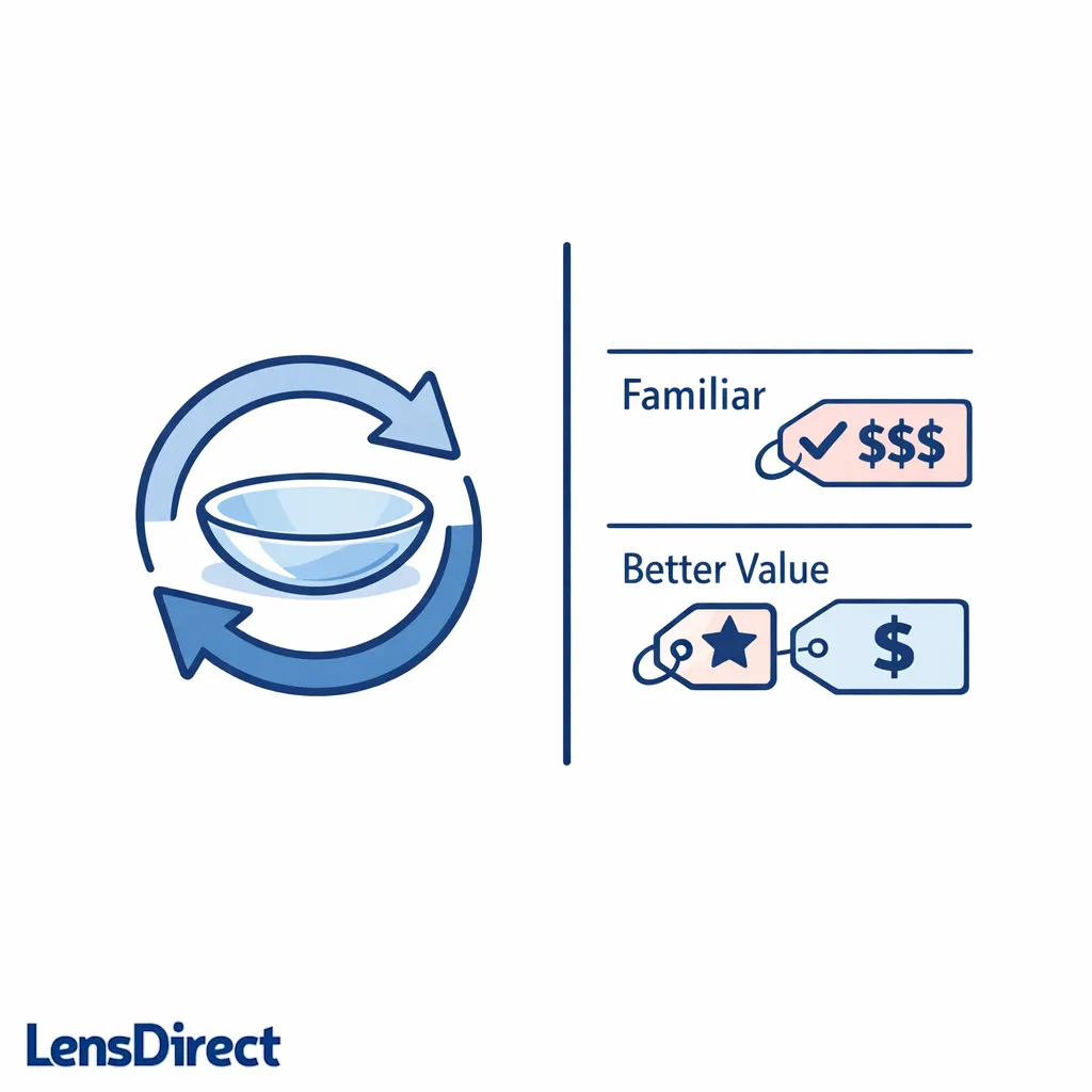 A repeat arrow around one lens contrasts with a fresh comparison chart for smarter reordering.