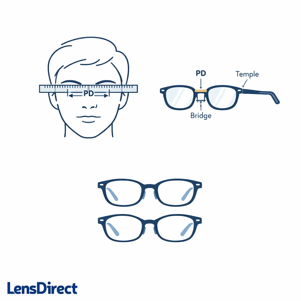 A PD ruler and frame measurements help verify online glasses fit.