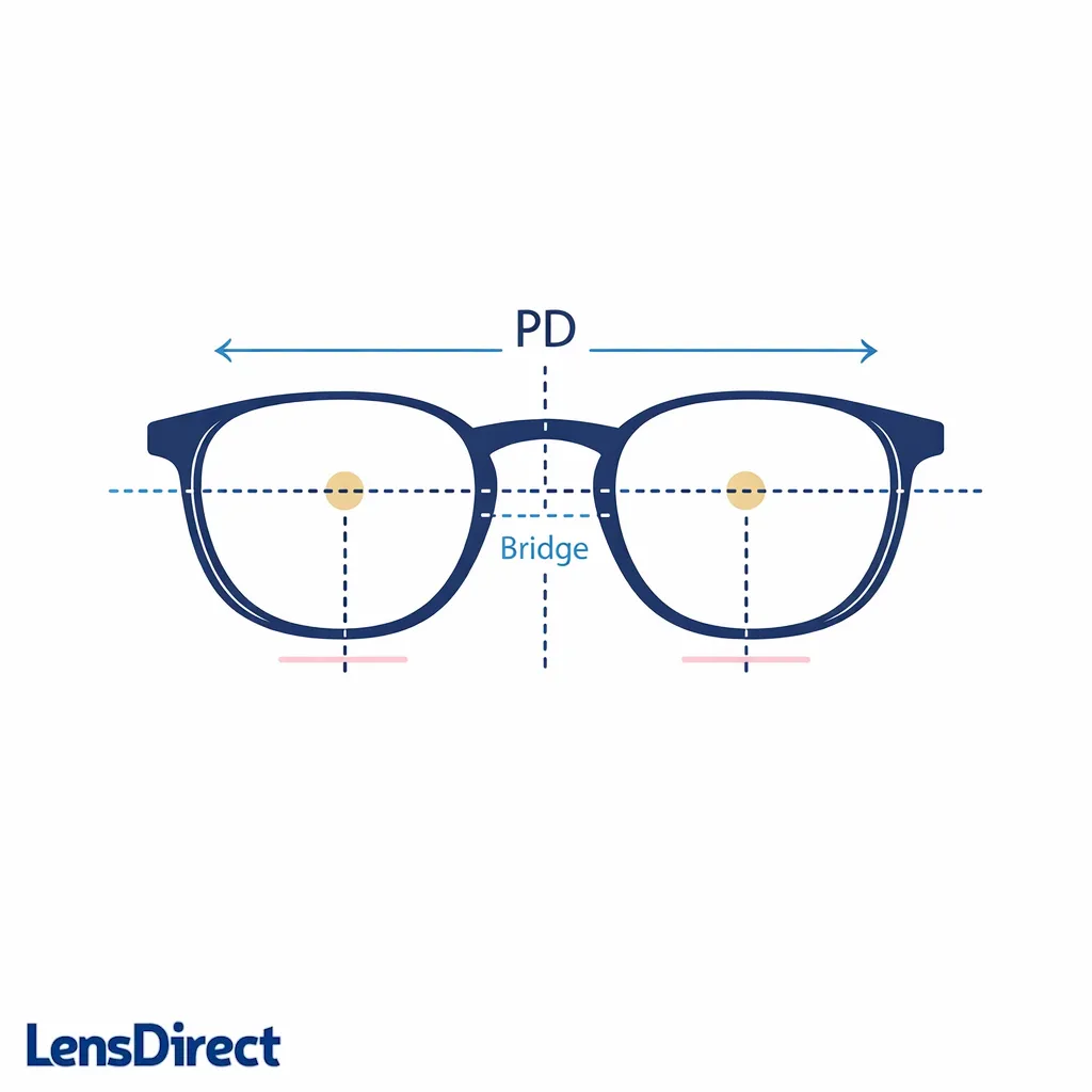 A centered glasses diagram highlights PD and alignment as reasons to choose professional fitting.