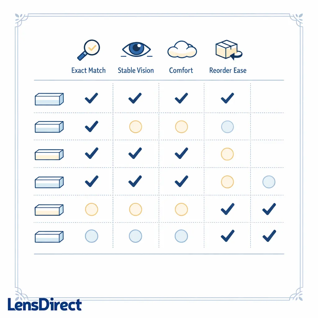 A neutral comparison board shows approved daily toric options without logos, focused on fit and reorder ease.