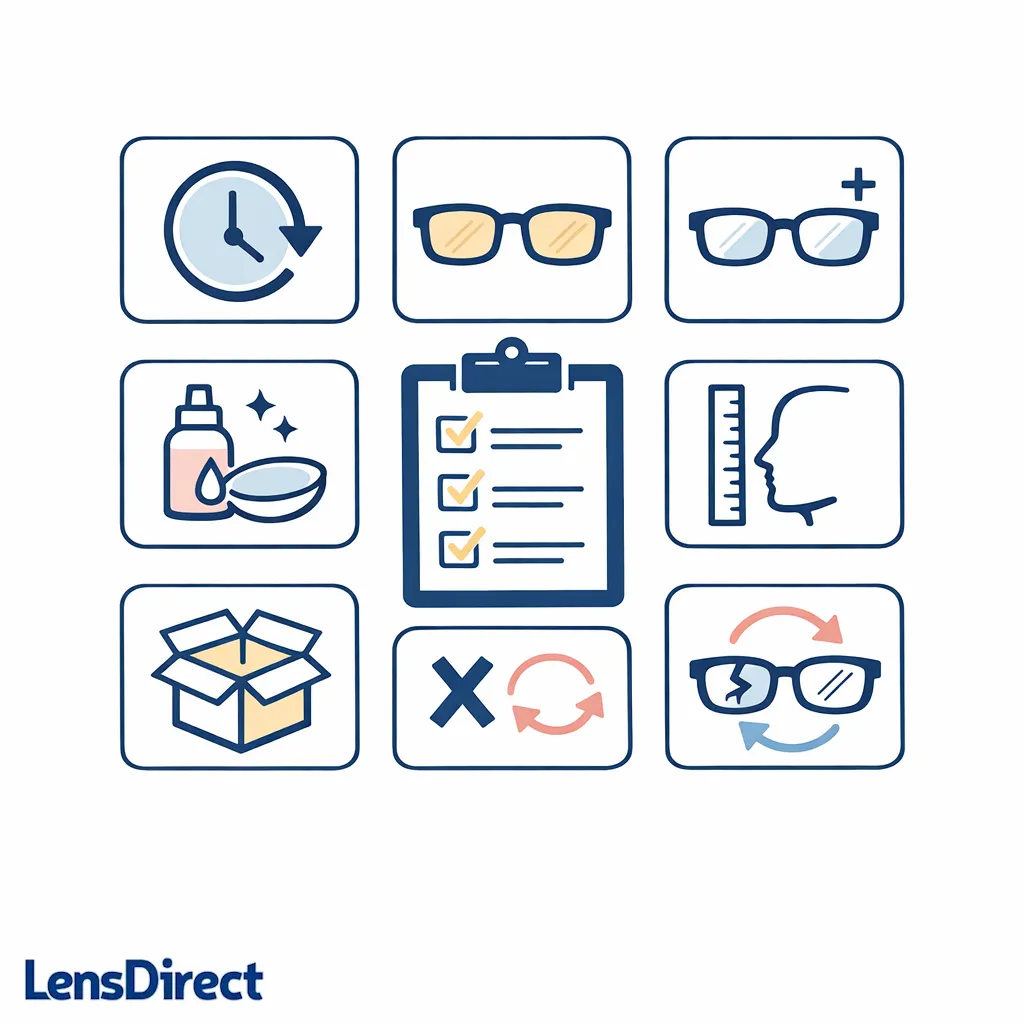 A clean checklist grid maps the questions smart shoppers ask before choosing a lens replacement provider.