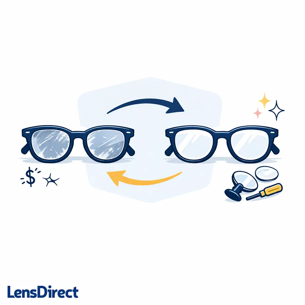 An existing frame is refreshed with new lenses, illustrating a value-focused lens replacement option.