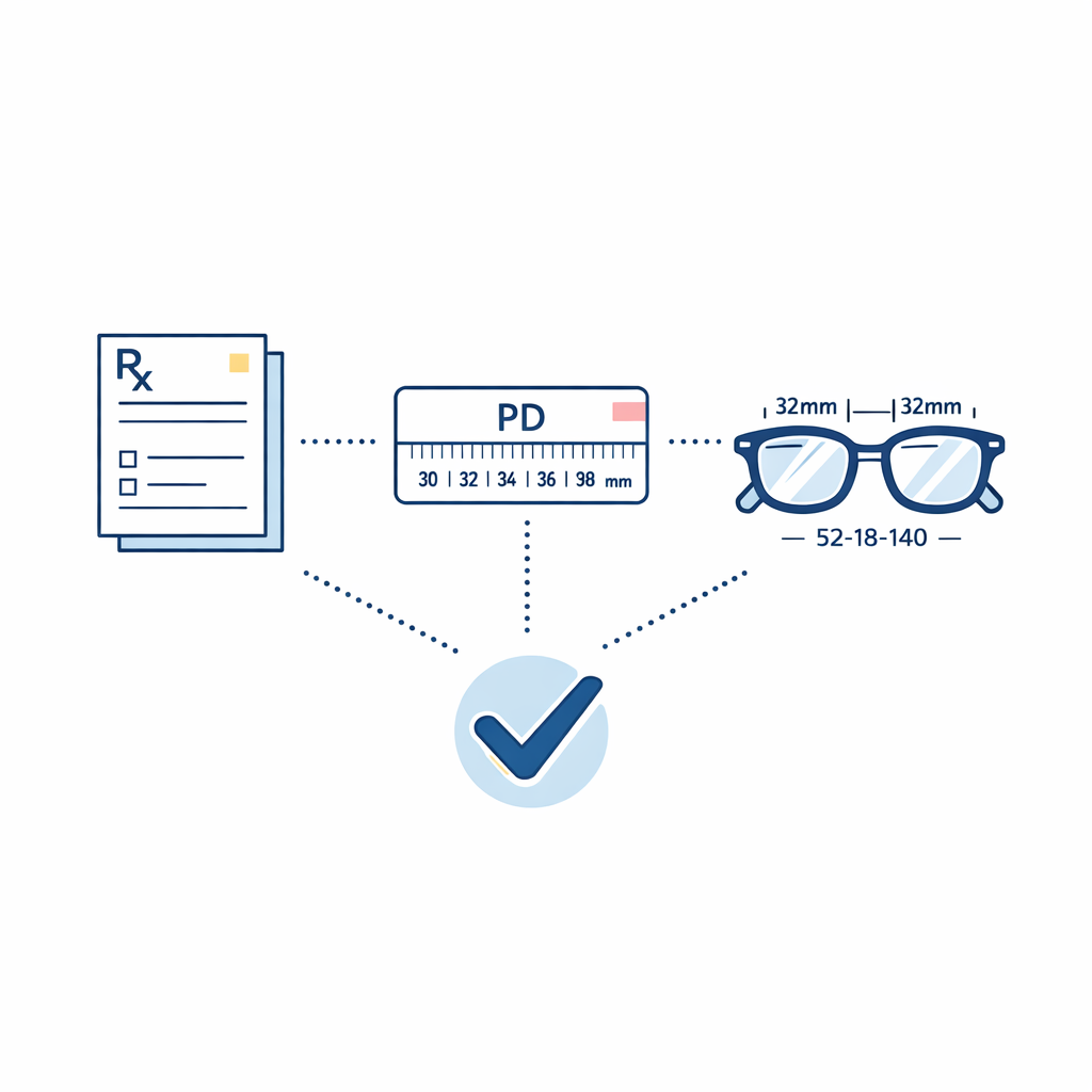 A tidy pre-purchase toolkit shows prescription, PD, and current frame measurements side by side.