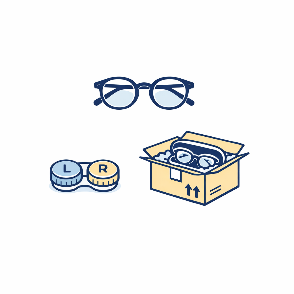 A spare pair, contact lens case, and packed frame illustrate planning for downtime during lens replacement.