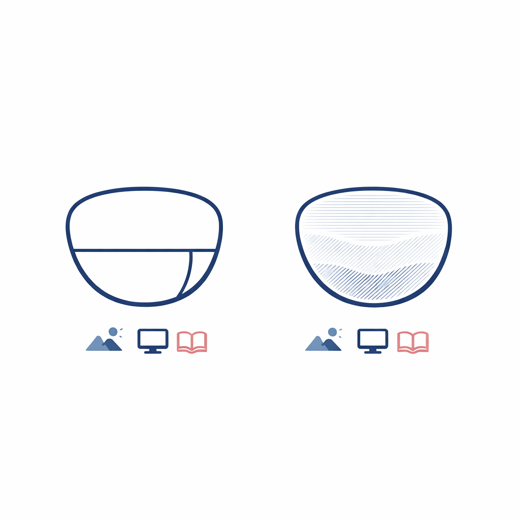 Two lens diagrams compare lined bifocals with no-line progressives in a clean side-by-side layout.
