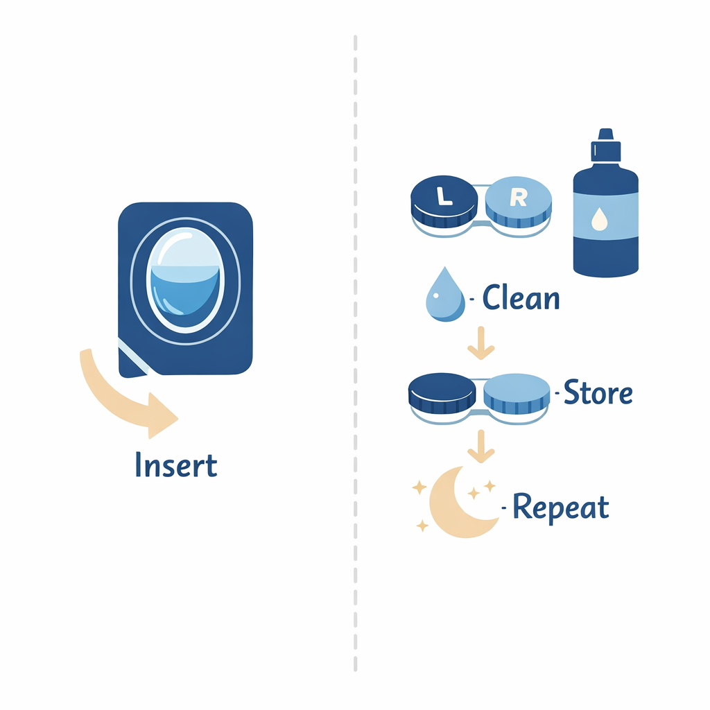 A clean routine diagram contrasts single-use convenience with reusable care steps.