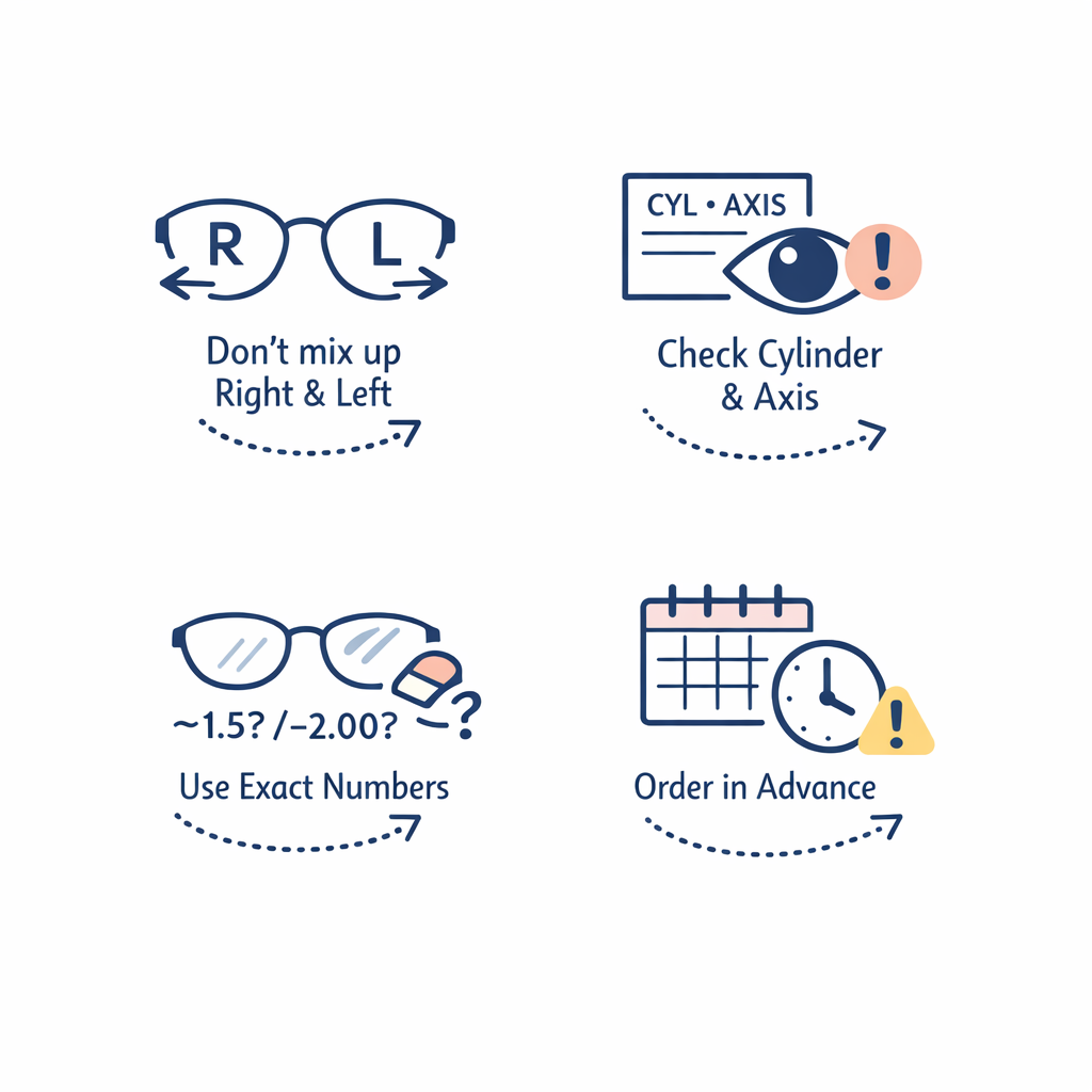 Warning icons highlight swapped eyes, missing axis, guessing numbers, and waiting too long to reorder.