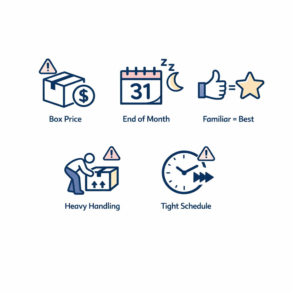 Five simple caution icons summarize mistakes like judging by box price or ignoring week-four wear.