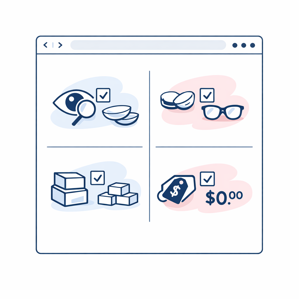 A tidy online ordering checklist shows exact brand match, lens type, box count, and cost checks.