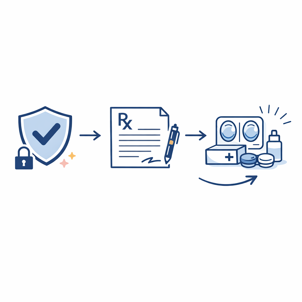 A trust-focused safety scene shows verified prescription handling and regulated medical-device ordering.