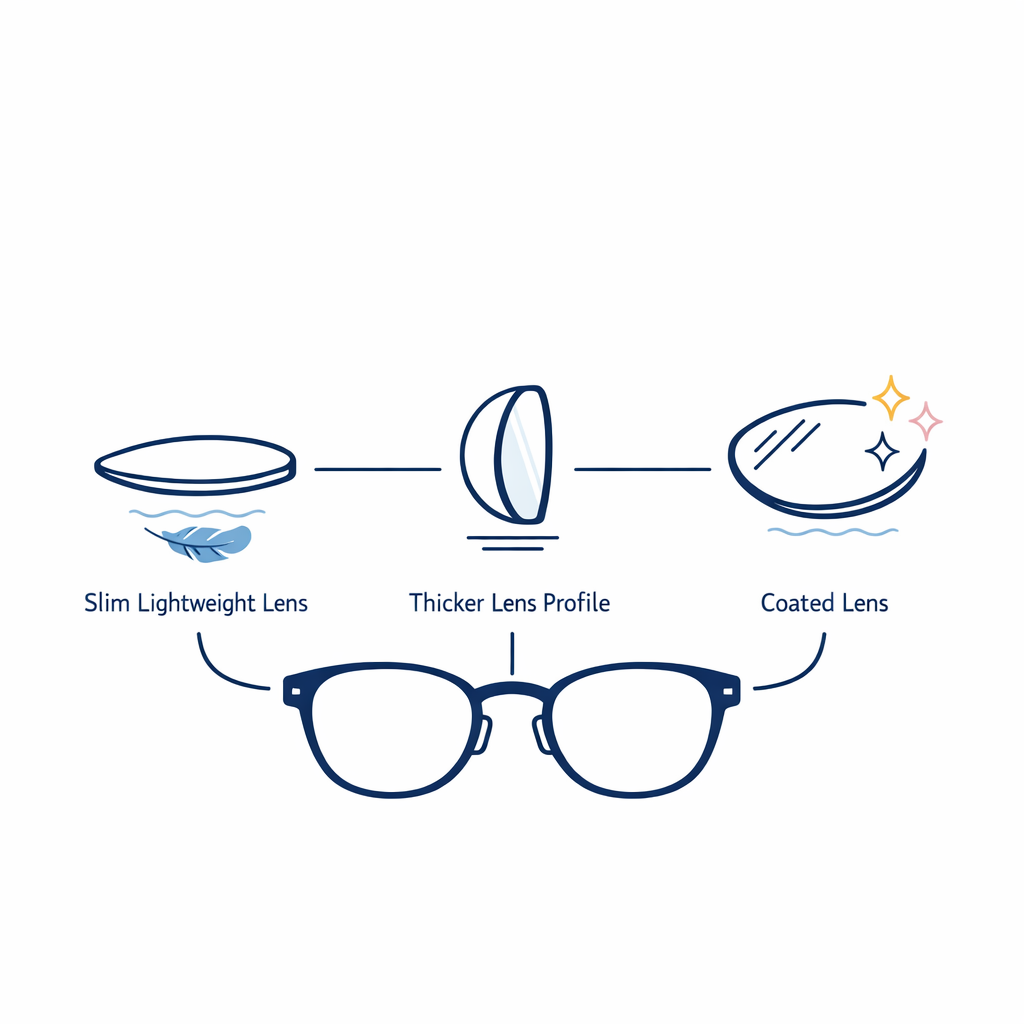 Different lens materials and coatings affect thickness, glare, and comfort.