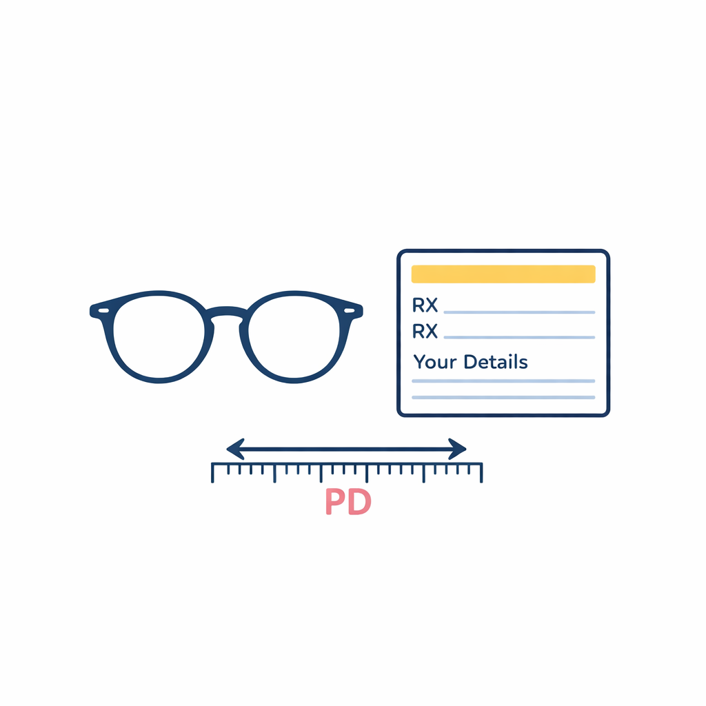 A ruler labeled PD and a prescription card sit beside glasses to show key order details.