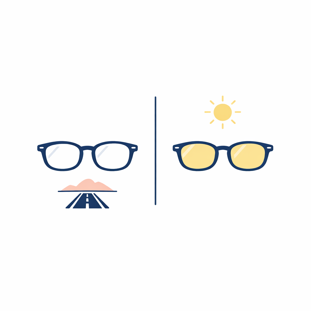 A regular pair and a tinted prescription sun pair show smart role-based spending for eyewear.