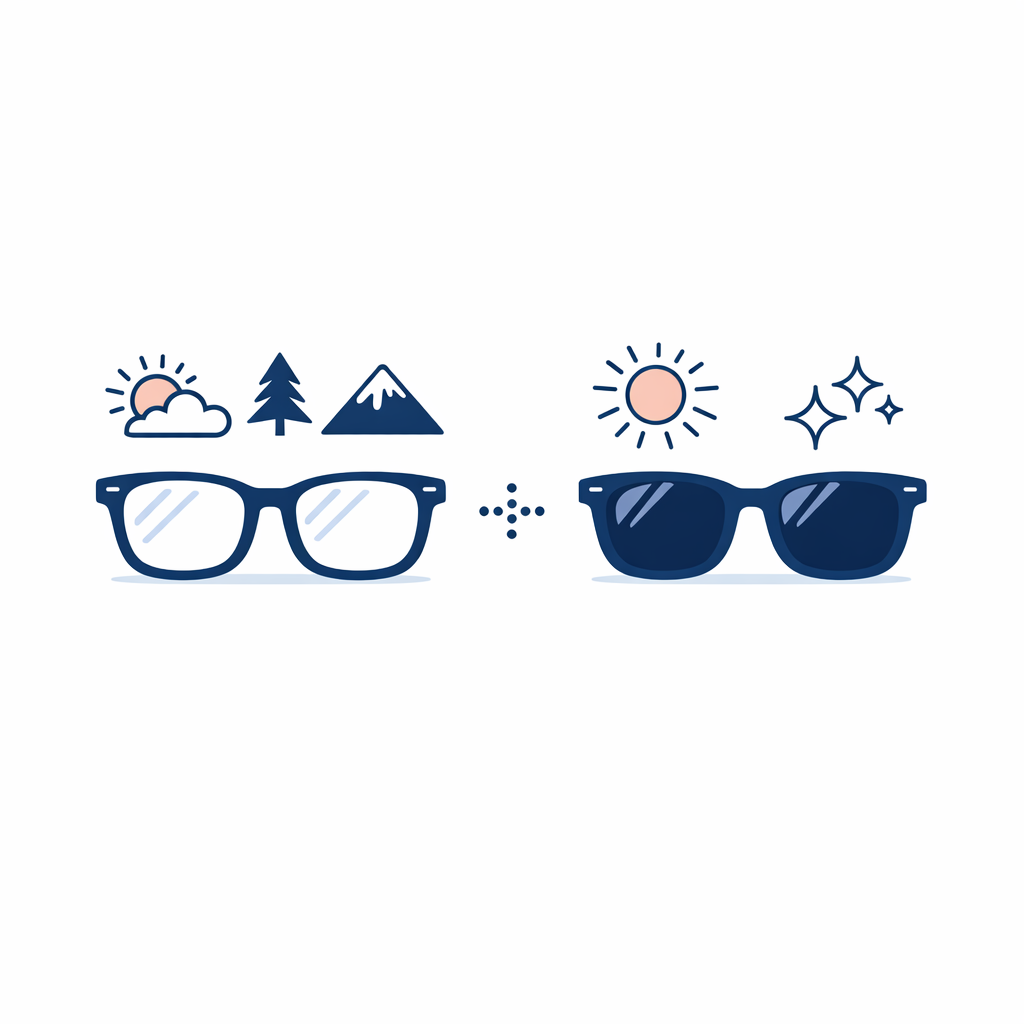 Everyday adaptive glasses and dedicated sunglasses are shown as a practical matched set.