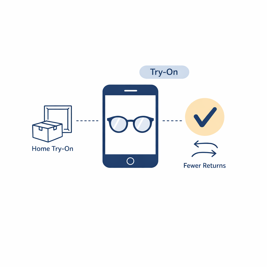 Virtual try-on and home try-on icons show how fit tools can prevent wasteful returns.
