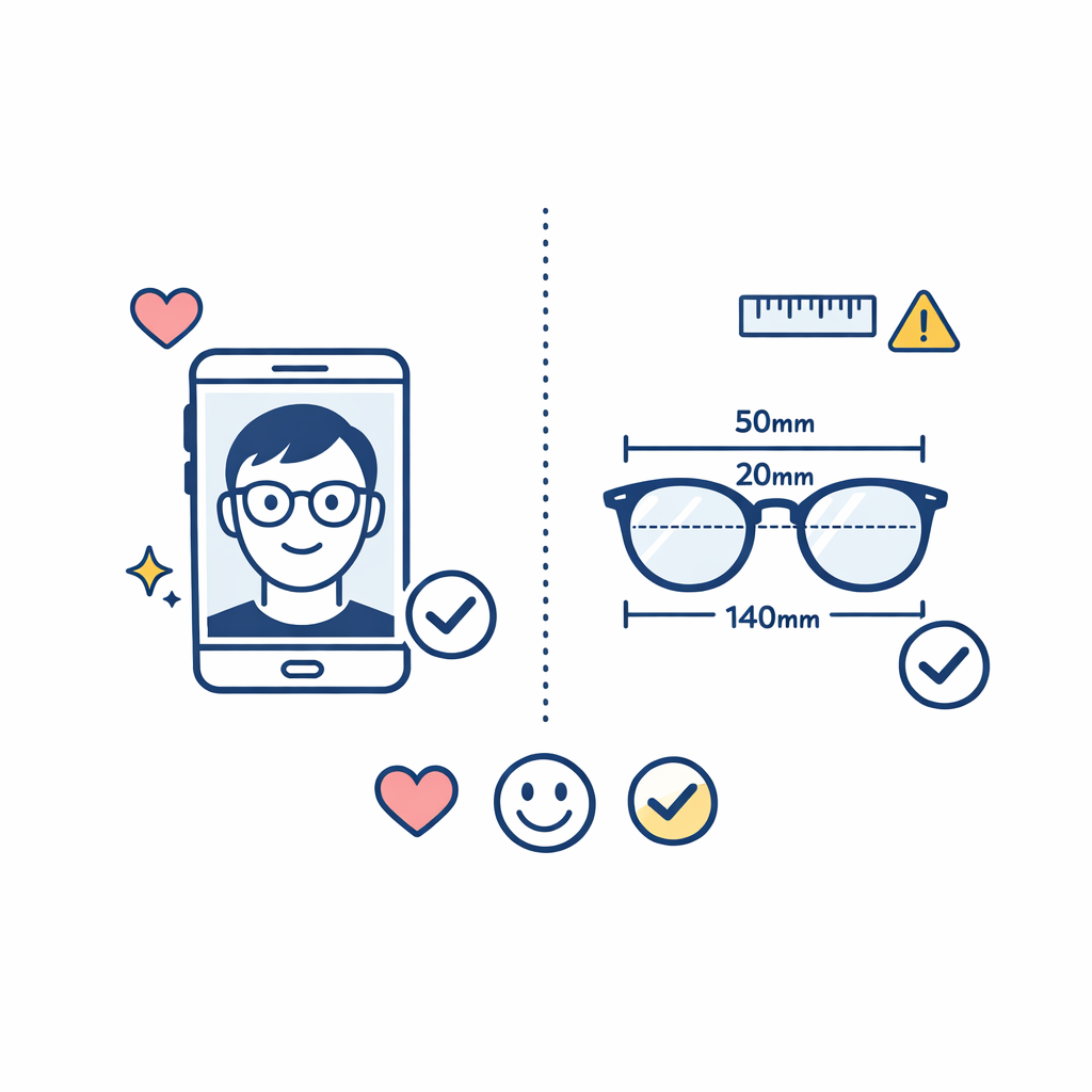 A phone preview is paired with real frame measurements to show style and fit are different checks.