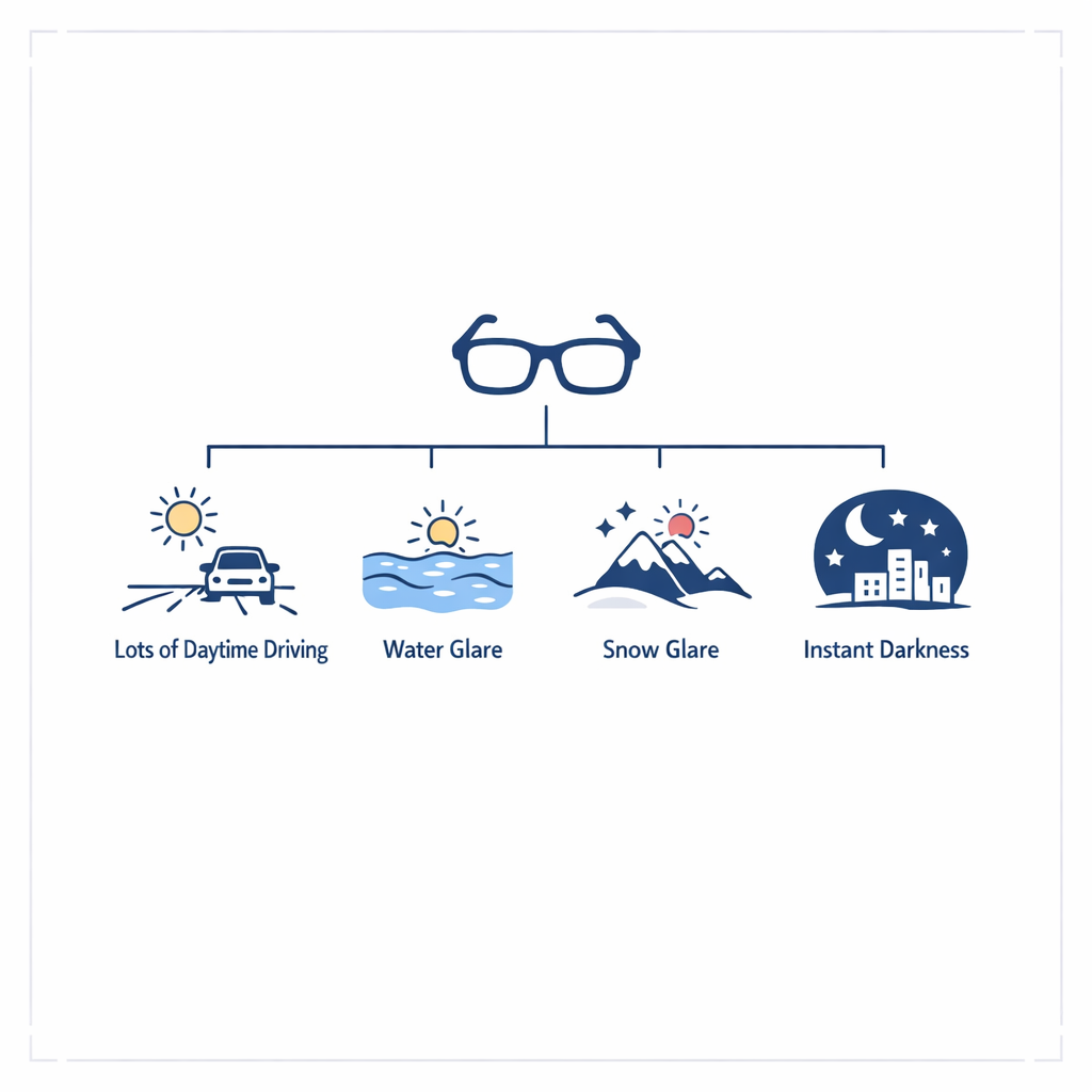 A decision tree shows when dedicated sunglasses or other lens options may be a better fit.
