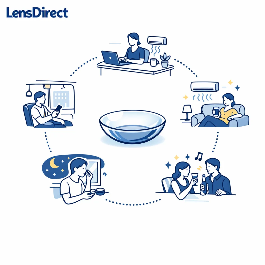 A series of daily moments shows evaluating lenses during commuting, work, and evening wear.