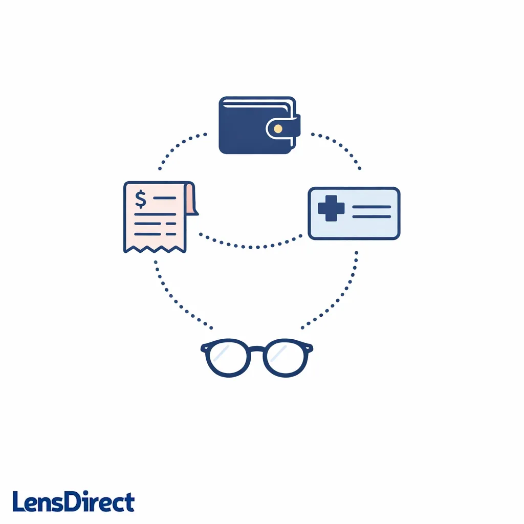 A wallet, receipt, and healthcare card icons illustrate using FSA or HSA funds for glasses savings.