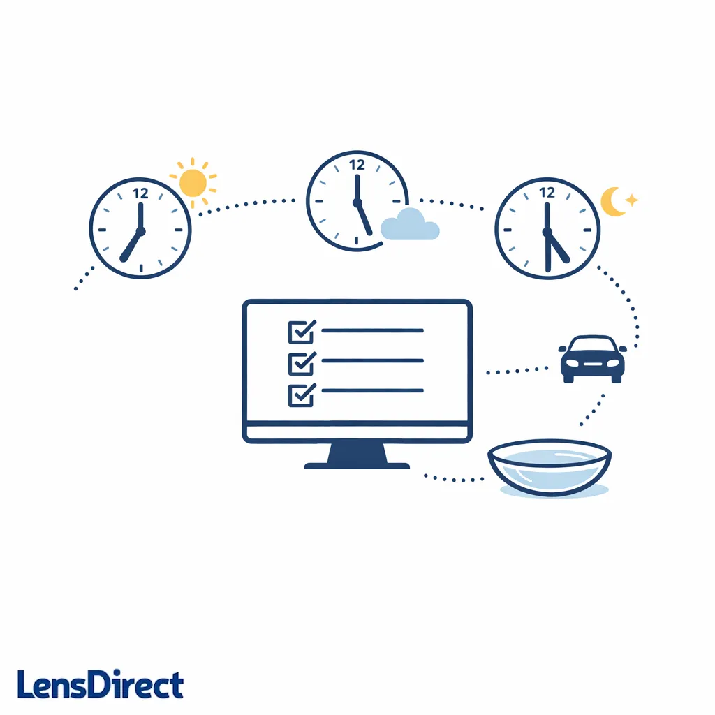 Monitor, evening clock, and contact lens icons illustrate testing comfort through a full workday.
