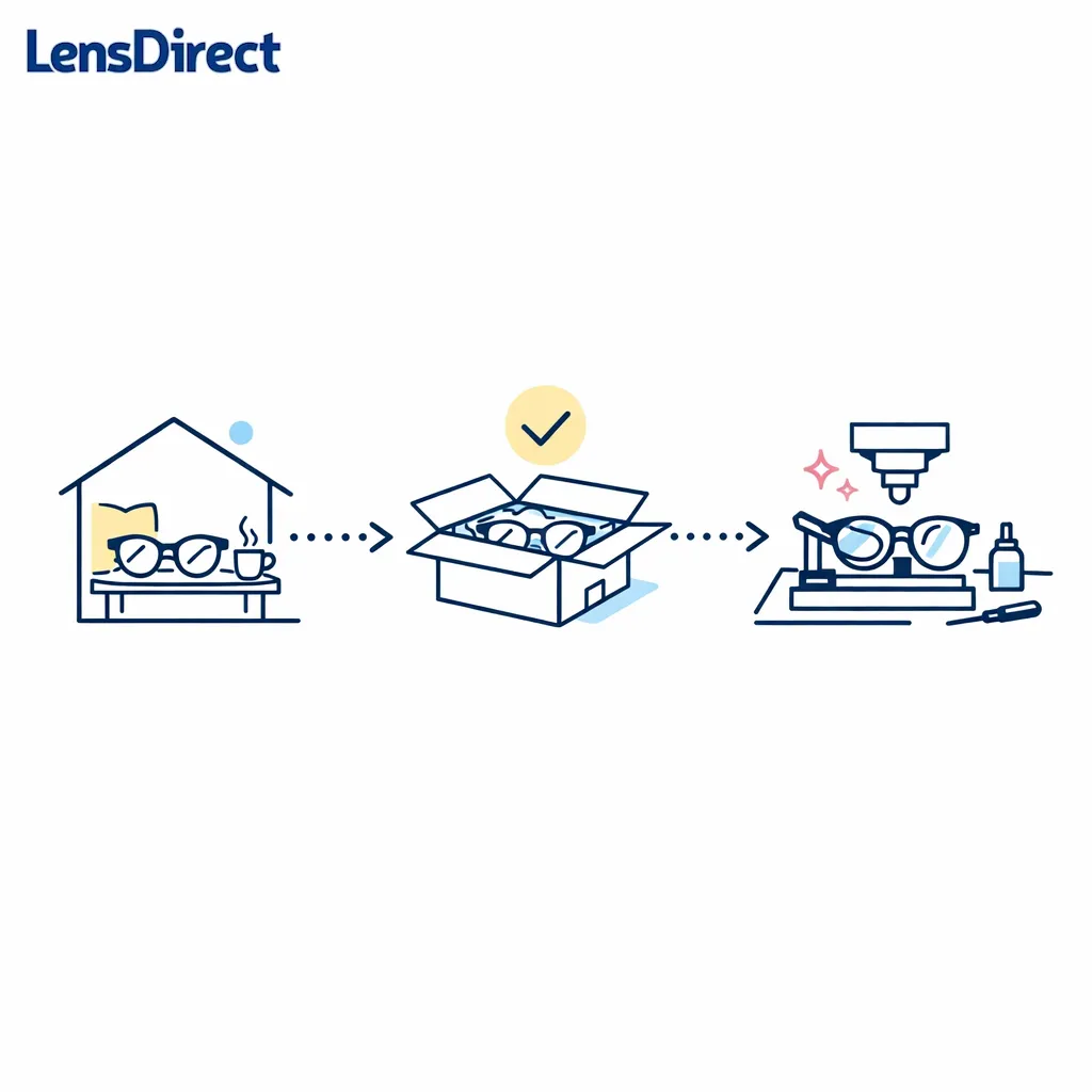A frame moves from home to shipping box to lab bench in a clear mail-in workflow.