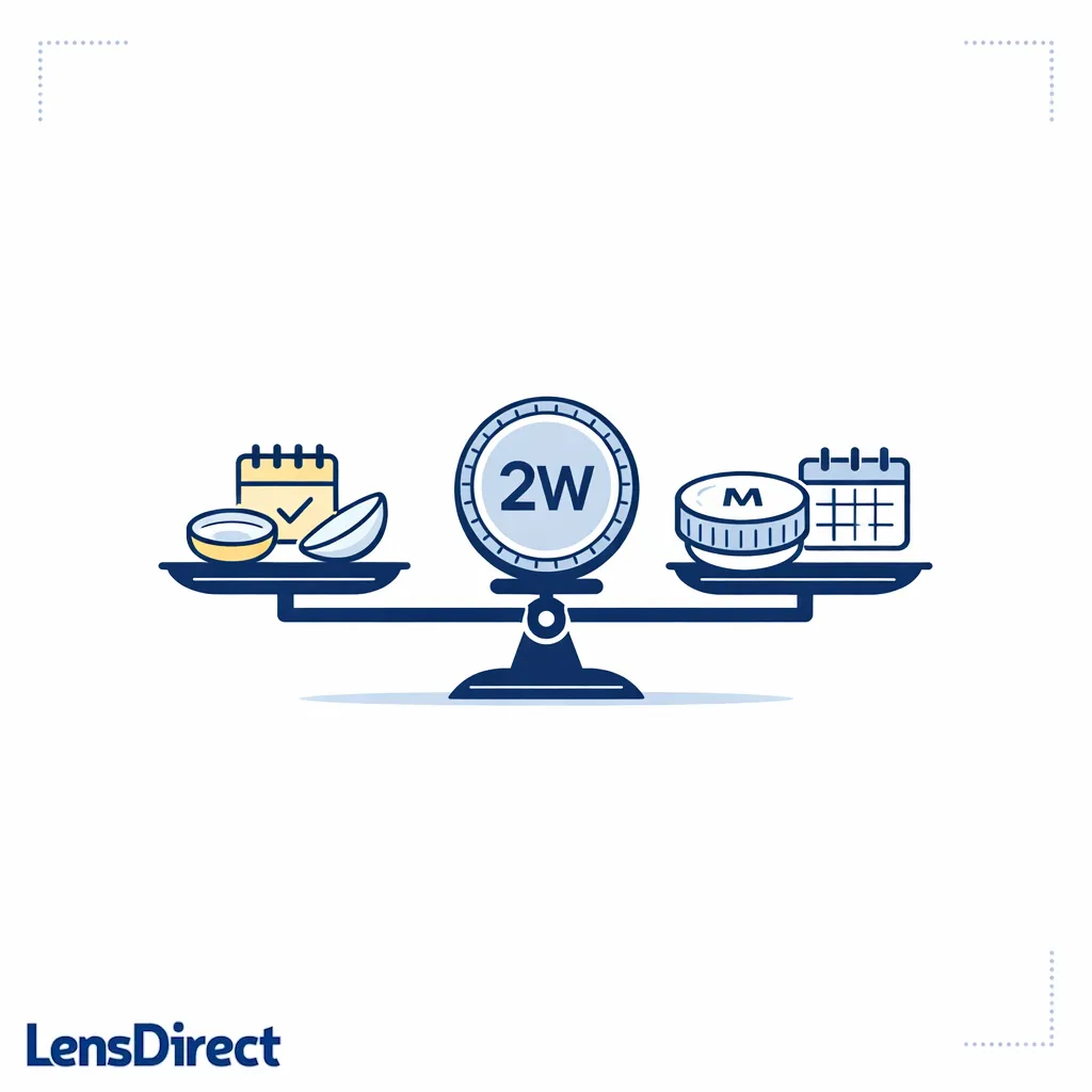 A balanced scale shows biweekly lenses between daily simplicity and monthly longer-wear routines.
