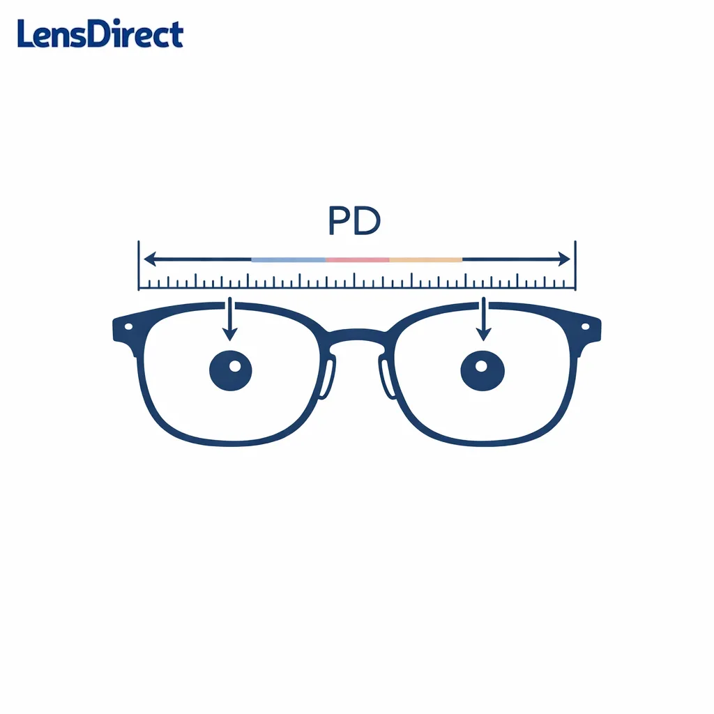 A minimal PD measurement diagram shows lens alignment centered with the eyes for online ordering accuracy.
