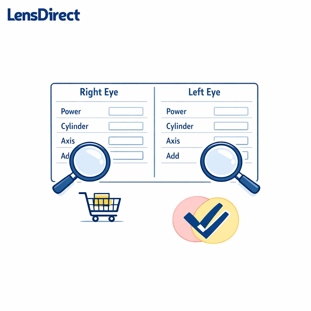 A checkout screen mockup shows right and left eye entries reviewed one at a time with exact numbers.