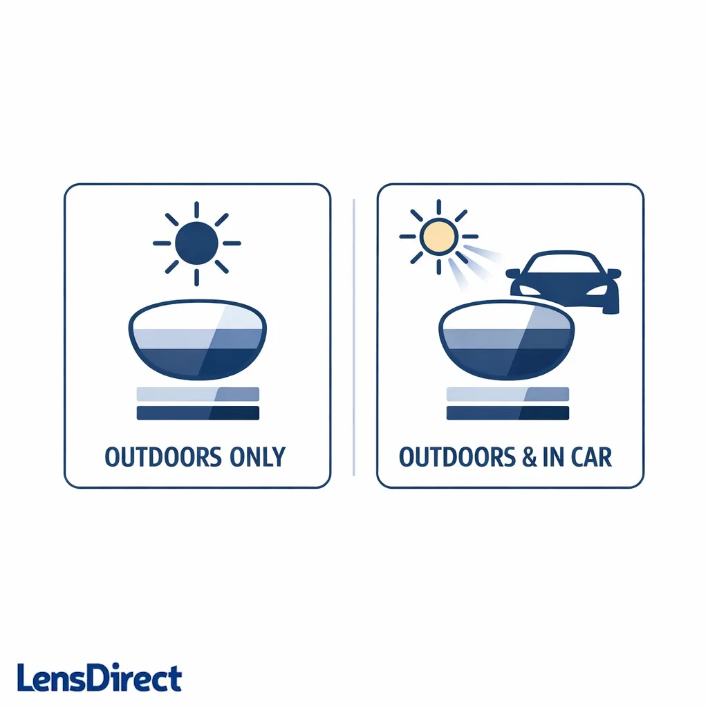 A comparison diagram contrasts standard lenses with in-car-responsive options for drivers.