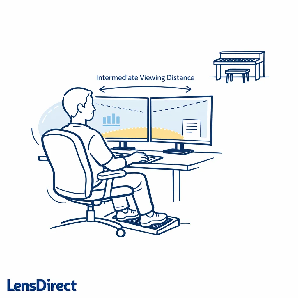 A desk worker with two monitors illustrates when computer or occupational lenses may be more comfortable.