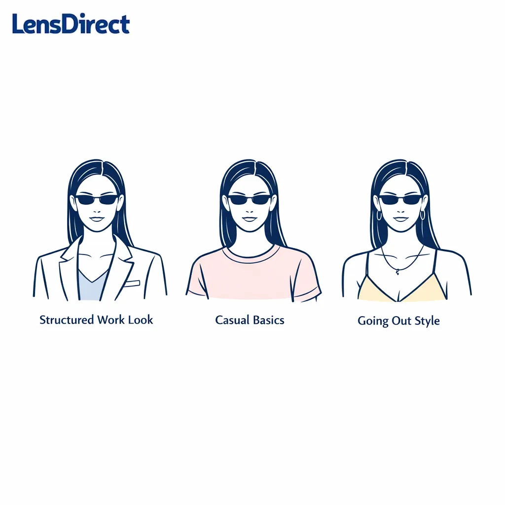 Three minimal outfit scenes show the same glasses styled for work, casual, and evening.
