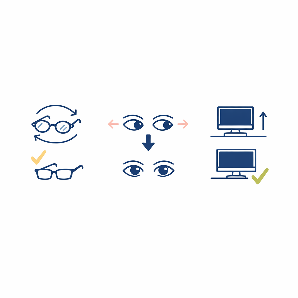 Minimal icons highlight switching back to old glasses, eye-only movement, and awkward screen height.