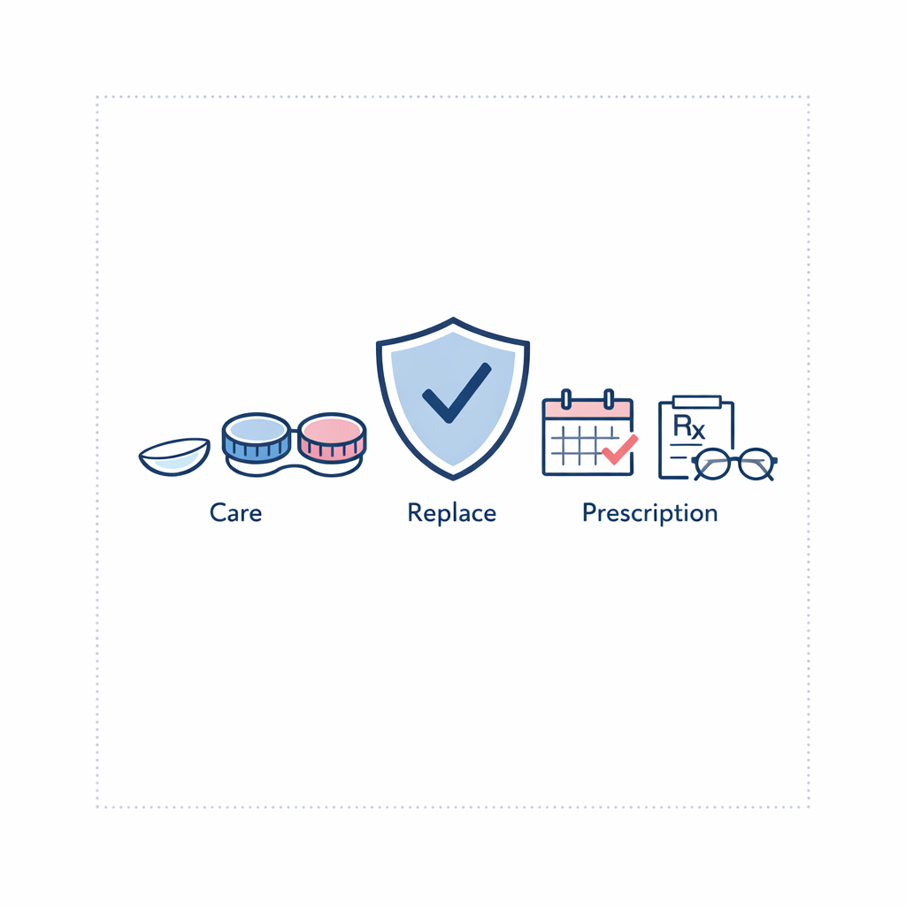 A calm reminder graphic shows care steps and replacement timing without medical or fear-based messaging.