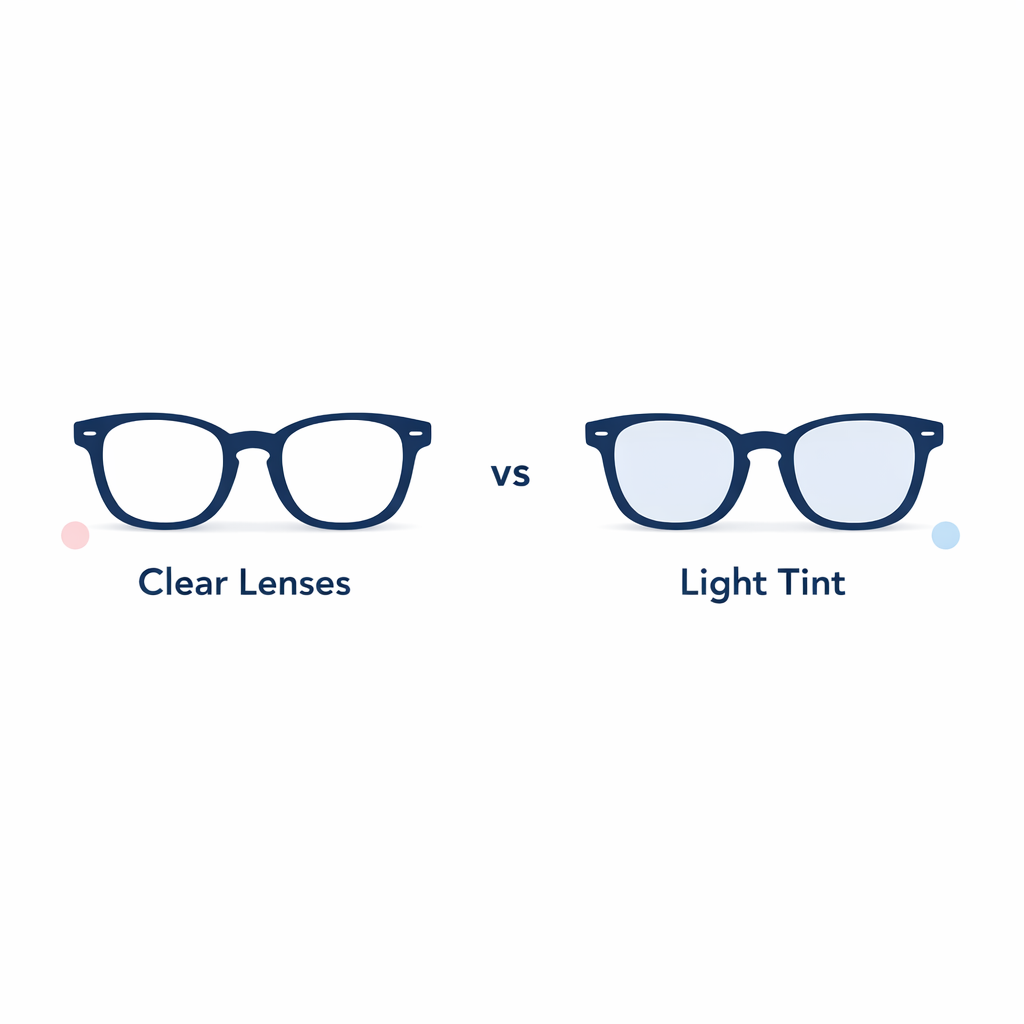Always-clear lenses and lightly tinted lenses are compared as a personal style choice.